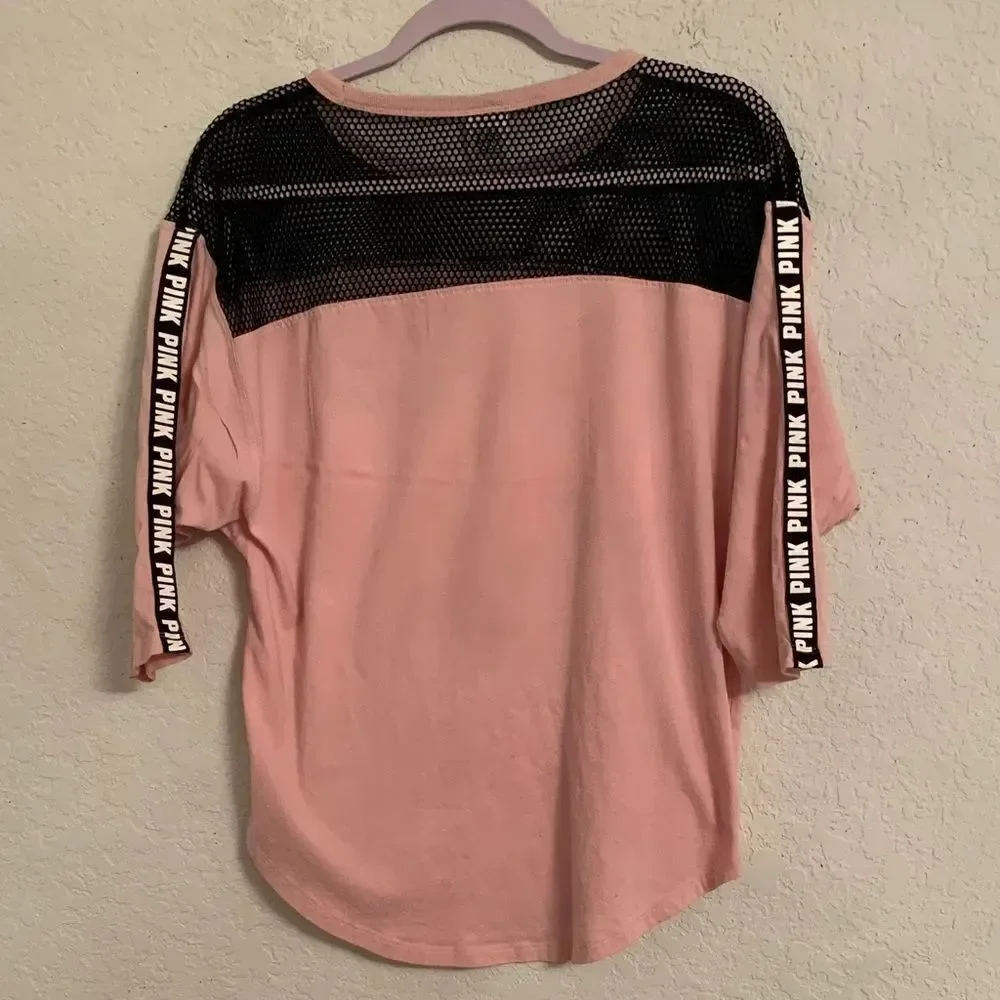 PINK Victoria's Secret Pink and Black 3/4 Sleeve Mesh Top Size S